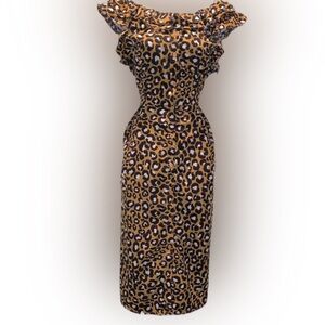 Who What Wear Leopard Print,  Button Up, Ruffled, Midi Dress